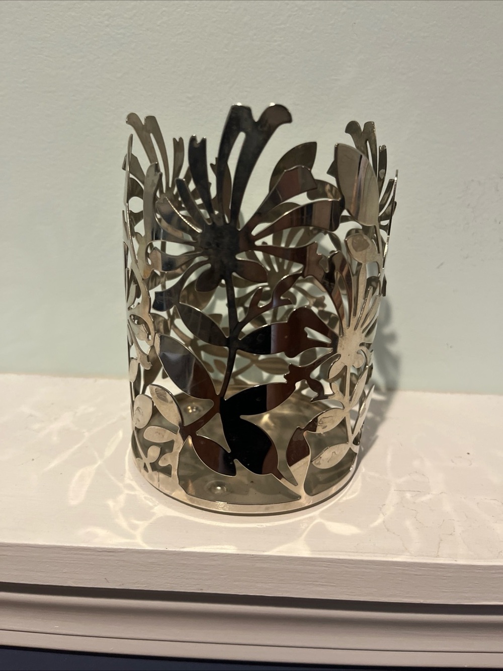 Bath & Body Works Round Silver 3-Wick Floral Flower Candle Holder - 6” Tall